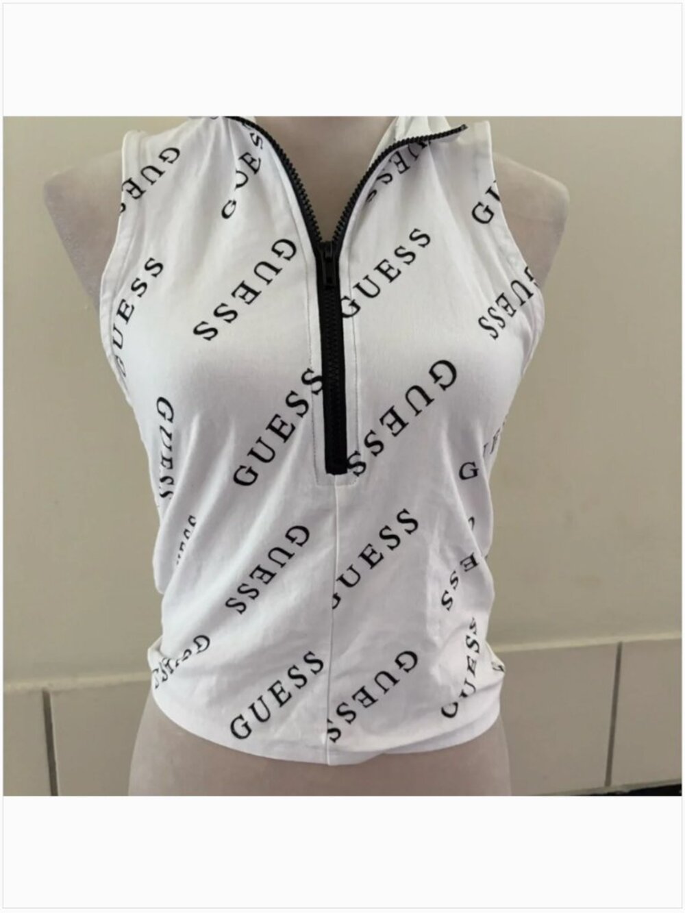 GUESS White Cropped Zip Up Tank Top Logo Print Medium